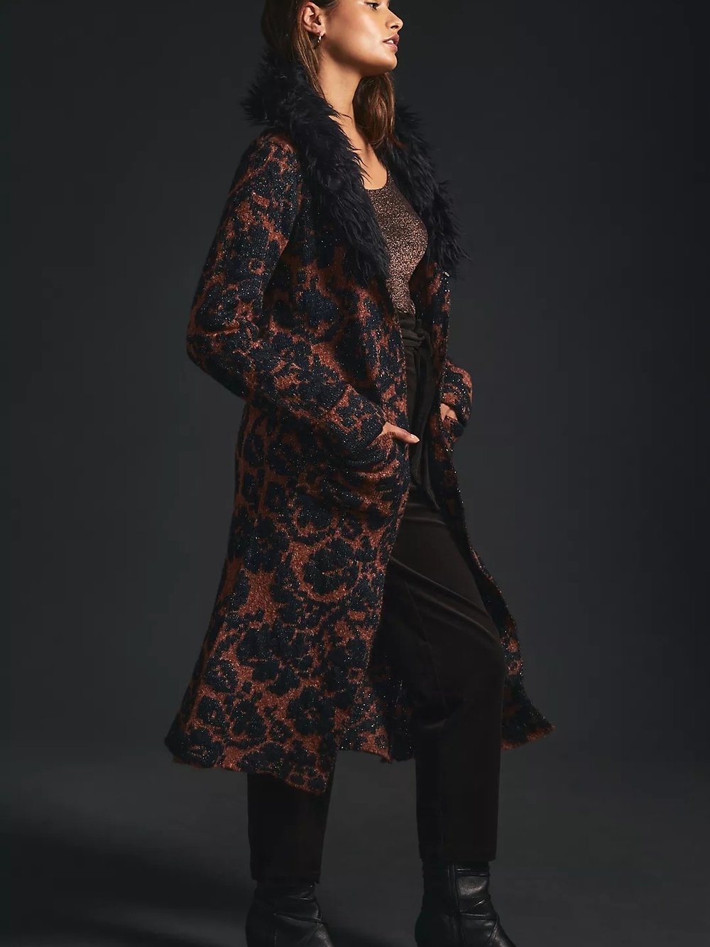 Anthropologie Jacquard Cardigan Duster Sweater Coat Faux Fur Rust Black M